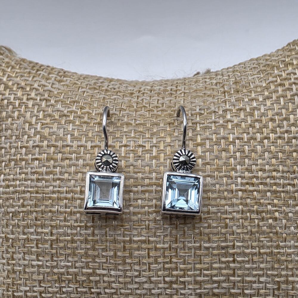 Vintage Sterling Silver 925 Blue Topaz Marcasite Dangle Earrings